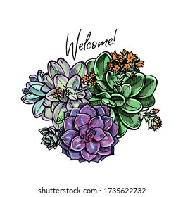 Handdrawn colored greeting card with flatlay ink succulent and handwritten text isolated on white background. Inscription: Welcome. Vector illustration