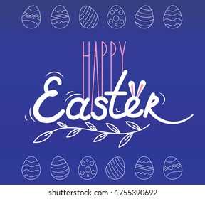 Hand-drawn colored lettering for the holiday of Easter with doodles and with different eggs on a blue background.