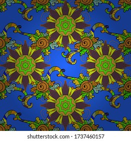Hand-drawn colored mandala on a black, blue and yellow colors. Vector abstract pattern.