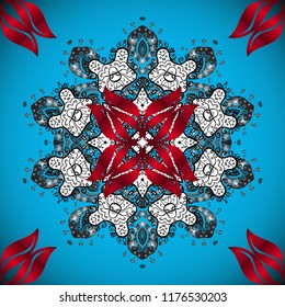 Hand-drawn colored mandala on a blue, red and gray colors. Vector abstract pattern.