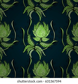 Hand-drawn colored mandala on a blue background. Vector abstract pattern.