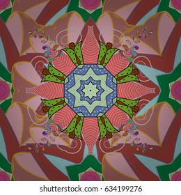 Hand-drawn colored mandala on a blue background. Vector abstract pattern.