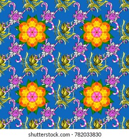 Hand-drawn colored mandala on a blue, yellow and white colors. Vector abstract pattern.