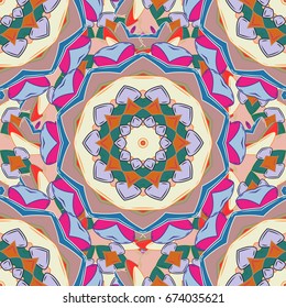 Hand-drawn colored mandala on a colorful background. Vector abstract pattern.