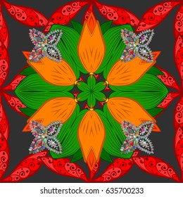 Hand-drawn colored mandala on a gray background. Vector abstract pattern.