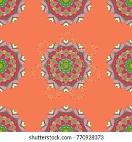 Hand-drawn colored mandala on a orange, pink and beige colors. Vector abstract pattern.