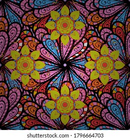 Hand-drawn colored mandala on a pink, green and black colors. Vector abstract pattern.