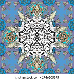 Hand-drawn colored mandala on a violet, white and blue colors. Vector abstract pattern.