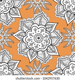 Hand-drawn colored mandala on a white, orange and black colors. Vector abstract pattern.