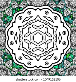 Hand-drawn colored mandala on a white, black and green colors. Vector abstract pattern.