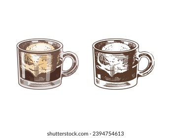 A hand-drawn colored and monochrome sketch of affogato coffee with ice cream on a glass cup. Vintage illustration, doodle. Element for the design of labels, packaging and postcards.