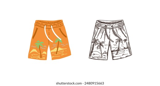 Hand-drawn colored and monochrome sketch of beach shorts. Summer accessory isolated on white background. 