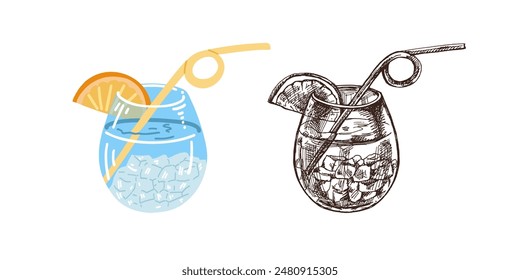 Hand-drawn colored and monochrome sketch of cocktail with straw, cocktail with ice and a piece of citrus. Vintage vector illustration of cocktail in glass isolated. 