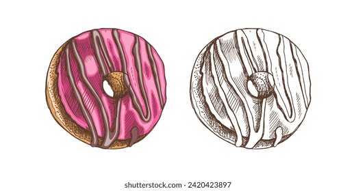 A hand-drawn colored and monochrome sketch of donut. Vintage illustration. Pastry sweets, dessert. Element for the design of labels, packaging and postcards.