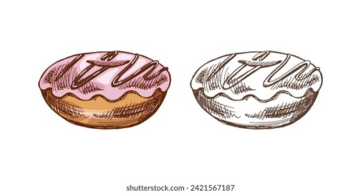 A hand-drawn colored and monochrome sketch of donut. Vintage illustration. Pastry sweets, dessert. Elements for the design of labels, packaging.