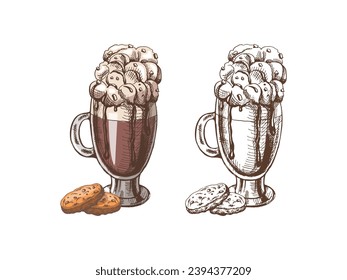A hand-drawn colored and monochrome sketch of hot chocolate with whipped cream and cookies. Vintage illustration, doodle. Element for the design of labels, packaging and postcards.