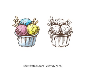 A hand-drawn colored and monochrome sketch of an ice cream balls in a bowl. Vintage illustration. Element for the design of labels, packaging and postcards.