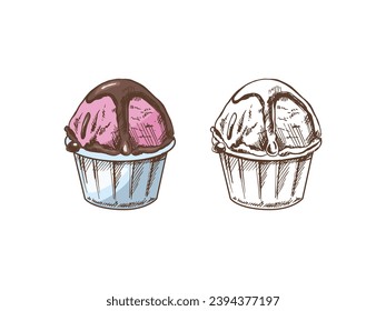 A hand-drawn colored and monochrome sketch of an ice cream, cupcake with chocolate sauce in a cup. Vintage illustration. Element for the design of labels, packaging and postcards.