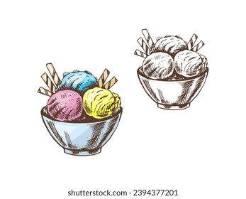 A hand-drawn colored and monochrome sketch of an ice cream balls with waffle tubes in a bowl. Vintage illustration. Element for the design of labels, packaging and postcards.