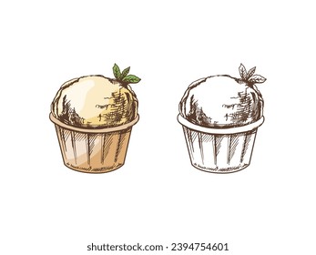 A hand-drawn colored and monochrome sketch of an ice cream, cupcake with mint in a cup. Vintage illustration. Element for the design of labels, packaging and postcards.	