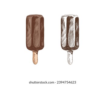 A hand-drawn colored and monochrome sketch of ice cream, popsicle on a stick in chocolate. Vintage illustration. Element for the design of labels, packaging and postcards.	