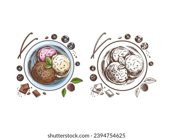 A hand-drawn colored and monochrome sketch of an ice cream balls in a plate with chocolate, berries, vanilla pods. Top view. Vintage illustration. Element for the design of labels, packaging.