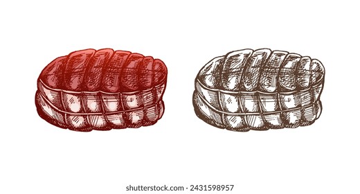 Hand-drawn colored and monochrome sketch of pork, tied with ropes, a traditional dish, iece of meat. Doodle vintage illustration. Decorations for the menu and labels. Engraved image.