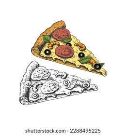 Hand-drawn colored and monochrome  sketch set of pizza slice. Pizza with mozzarella, tomato sauce, sausage, olives, shrimps, melted cheese. Fast food vintage illustration.