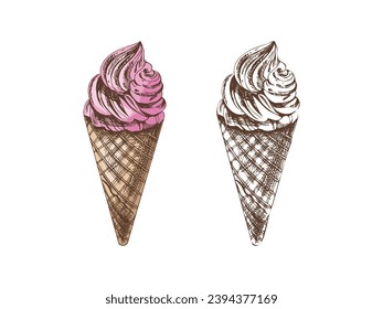 Hand-drawn colored and monochrome sketch set of waffle cones with frozen yogurt or ice cream. Vintage illustration. Element for labels, packaging and postcards.