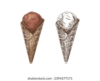Hand-drawn colored and monochrome sketch set of waffle cones with frozen yogurt or ice cream. Vintage illustration. Element for labels, packaging and postcards.
