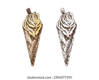 Hand-drawn colored and monochrome sketch set of waffle cones with frozen yogurt or ice cream with cookies. Vintage illustration. Element for labels, packaging and postcards. combine ice cream