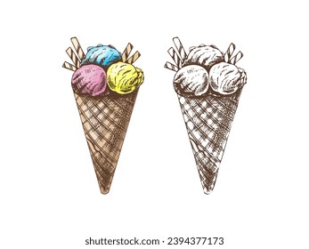 Hand-drawn colored and monochrome sketch of a waffle cup with frozen yogurt or soft ice cream with waffle tubes. Vintage illustration. Element for the design of labels, packaging and postcards.