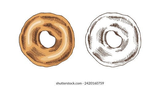 Hand-drawn colored and monochrome sketches of donut. Vintage illustration. Pastry sweets, dessert. Element for the design of labels, packaging and postcards.