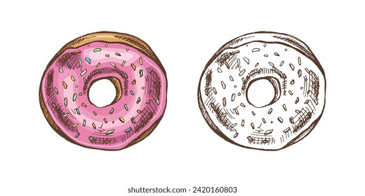 Hand-drawn colored and monochrome sketches of donut. Vintage illustration. Pastry sweets, dessert. Element for the design of labels, packaging and postcards.