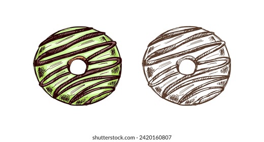 Hand-drawn colored and monochrome sketches of donut. Vintage illustration. Pastry sweets, dessert. Element for the design of labels, packaging and postcards.