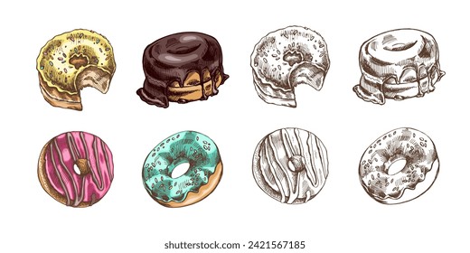 A hand-drawn colored and monochrome sketches of donuts. Vintage illustration. Pastry sweets, dessert. Element for the design of labels, packaging and postcards.