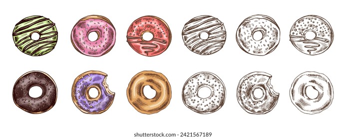 A hand-drawn colored and monochrome sketches of donuts. Vintage illustration. Pastry sweets, dessert. Element for the design of labels, packaging and postcards.