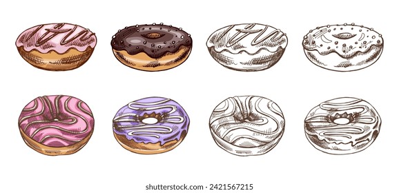 A hand-drawn colored and monochrome sketches of donuts. Vintage illustration. Pastry sweets, dessert. Element for the design of labels, packaging and postcards.