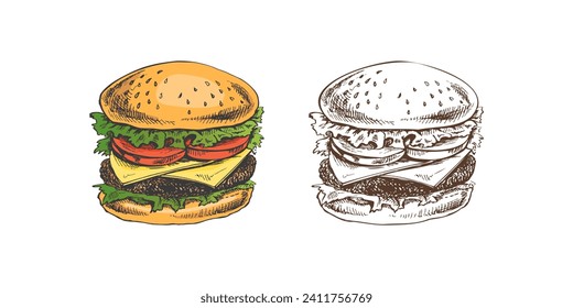 Hand-drawn colored and monochrome sketches of great delicious sandwiches, burgers, hamburgers isolated on white background. Fast food vintage illustration. Great for menu, poster or restaurant.