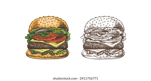 Hand-drawn colored and monochrome sketches of great delicious sandwiches, burgers, hamburgers isolated on white background. Fast food vintage illustration. Great for menu, poster or restaurant.