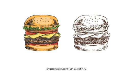 Hand-drawn colored and monochrome sketches of great delicious sandwiches, burgers, hamburgers isolated on white background. Fast food vintage illustration. Great for menu, poster or restaurant.