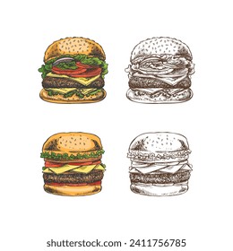 Hand-drawn colored and monochrome sketches of great delicious sandwiches, burgers, hamburgers isolated on white background. Fast food vintage illustration. Great for menu, poster or restaurant.