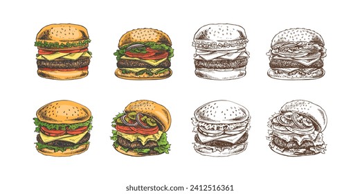 Hand-drawn colored and monochrome sketches of great delicious sandwiches, burgers, hamburgers isolated on white background. Fast food vintage illustration. Great for menu, poster or restaurant.