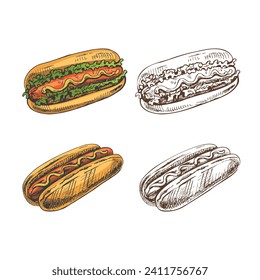 Hand-drawn colored and monochrome sketches of hot dogs isolated on white background. Fast food illustration. Vintage drawing. Great for menu, poster or restaurant background.