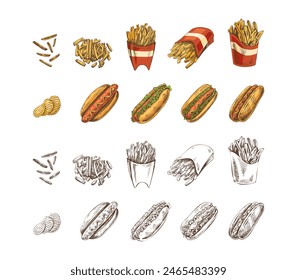 Hand-drawn colored and monochrome sketches of street food, takeaway food, fast food, junk food. Potato french fries, chips, hot dogs set. Great for menu.	