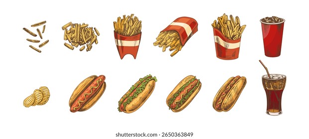 Hand-drawn colored and monochrome sketches of street food, takeaway food, fast food, junk food. Potato french fries, chips, hot dogs set. Great for menu.	