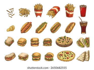 Hand-drawn colored and monochrome sketches of street food, takeaway food, fast food, junk food. Potato french fries, chips, hot dogs set. Great for menu.	