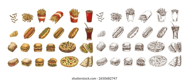 Hand-drawn colored and monochrome sketches of street food, takeaway food, fast food, junk food. Potato french fries, chips, hot dogs set. Great for menu.	