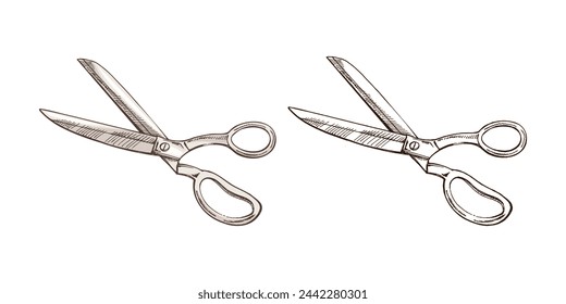 Hand-drawn colored and monochrome sketches of tailor's scissors. Handmade, sewing equipment concept in vintage doodle style. Engraving style.