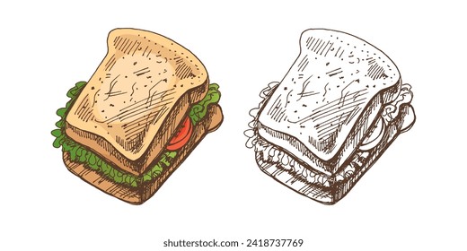 Hand-drawn colored and monochrome vector sketch of a piece of sandwich with vegetables, cheese, meat. Doodle vintage illustration. Decorations for the menu of cafes and labels. Engraved image.